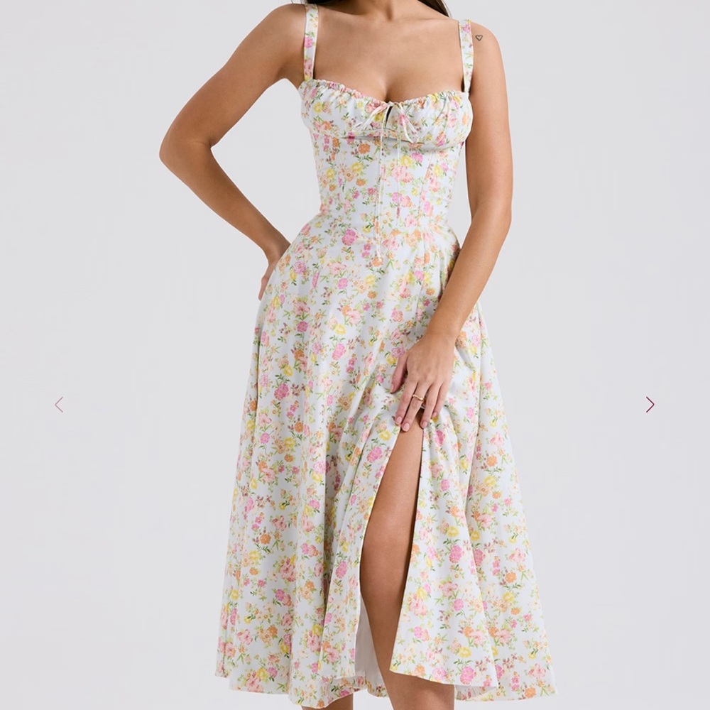 House of CB CARMEN Pale Blue Meadow Print Cotton Bustier Sundress